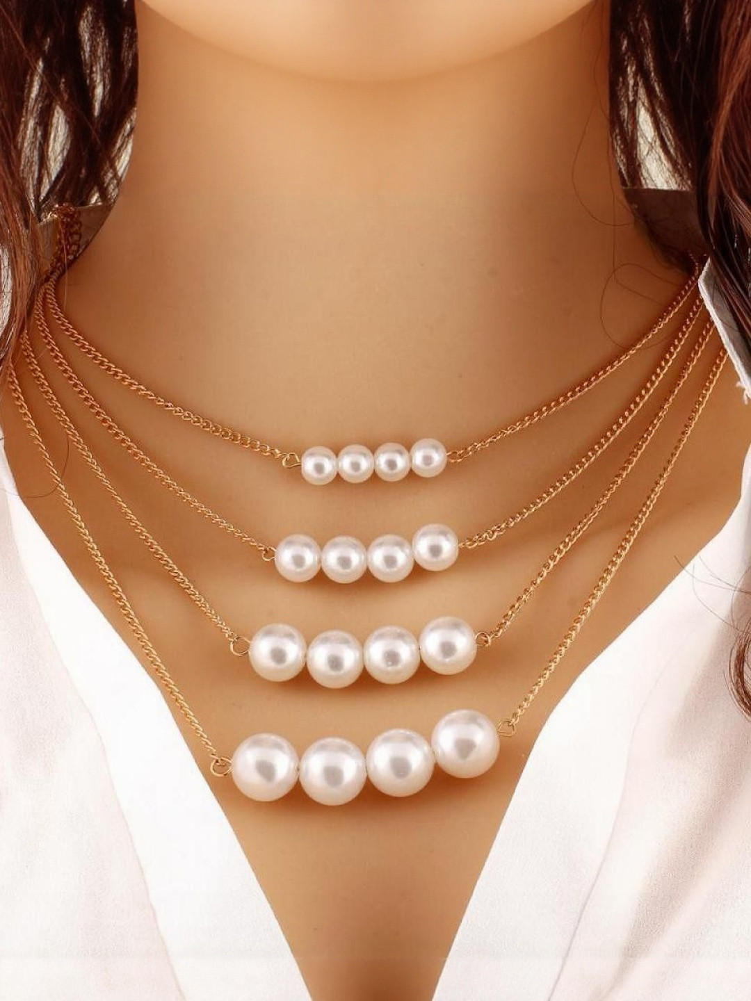 Arzonai Women White & Gold 4 Layered Pearl Necklace