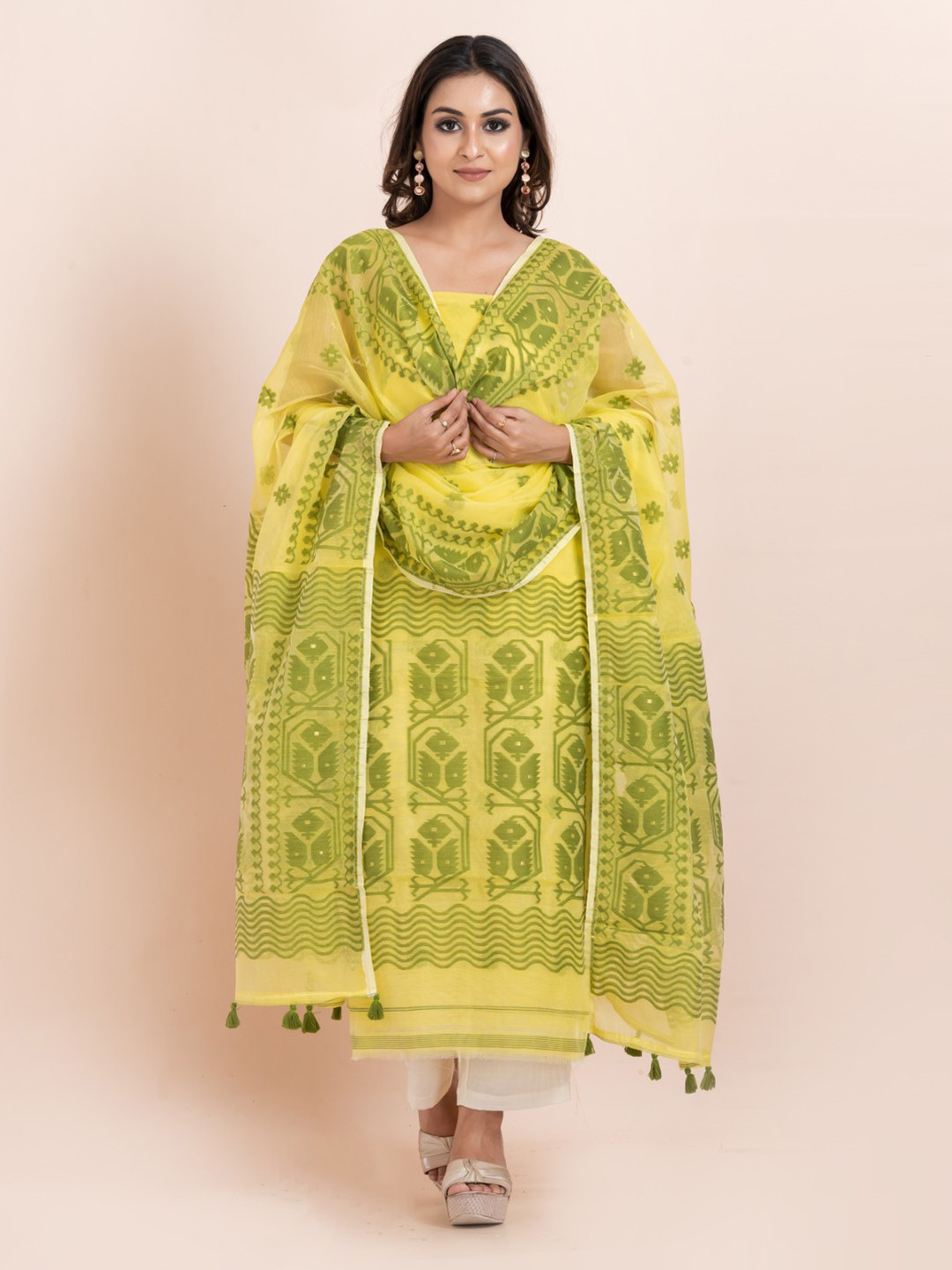 Durga Handlooms Jamdani Woven Design Zari Pure Cotton Unstitched Kurti Material with Dupatta