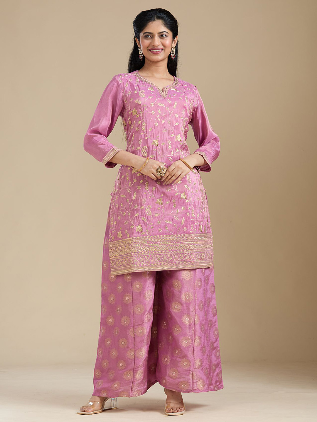 Koskii Women Dark Onion Pink Pitawork Tissue Readymade Salwar Suit