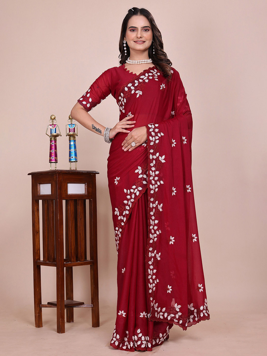 K 5 Fashion Floral Embroidered Embellished Heavy Work Saree