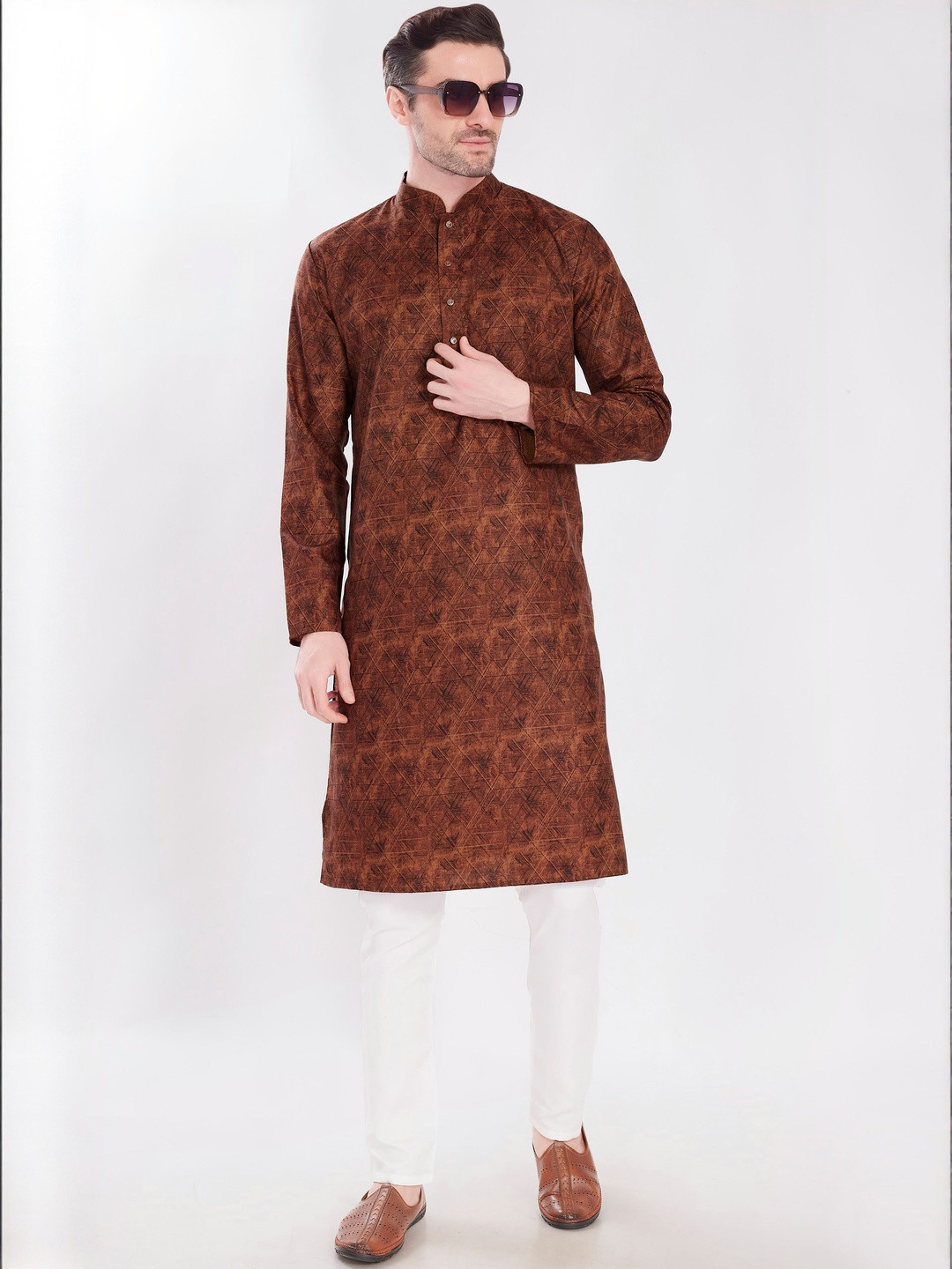PulseIQ Men Linen Cotton Blend Printed Regular Fit Long Kurta