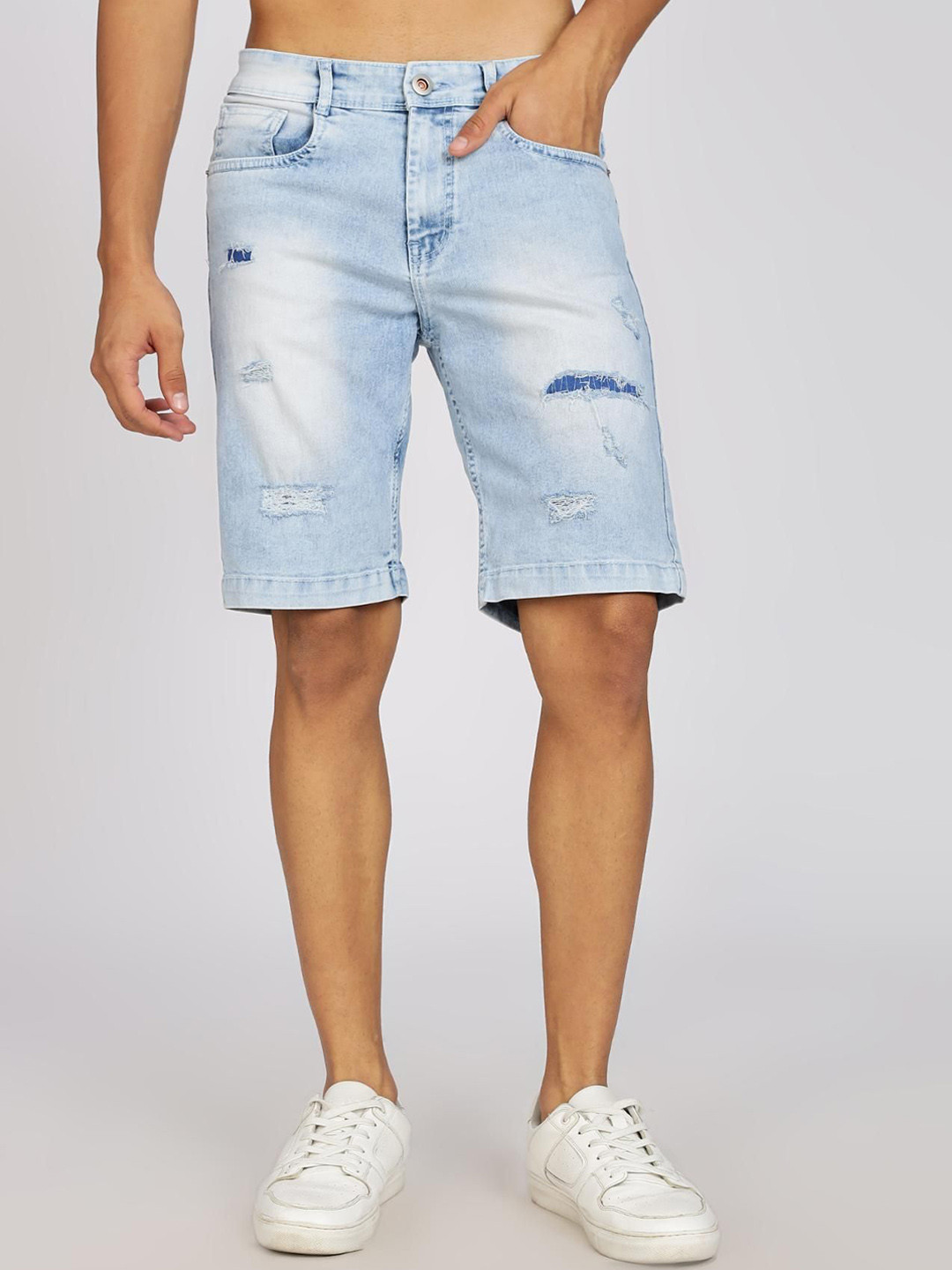 COLOR HUNT Men Washed Mid-Rise Distressed Denim Shorts