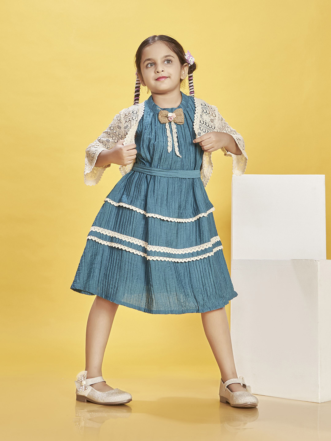 Peppermint Girls Self Design Bell Sleeve Tiered Fit & Flare Dress & Jacket with Belt