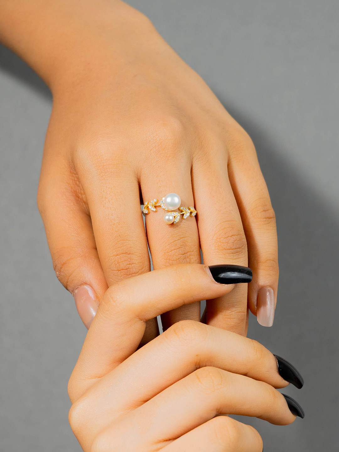 IYRAA Sterling Silver Zircon Studded & Double Pearls Beaded Statement  inger Ring