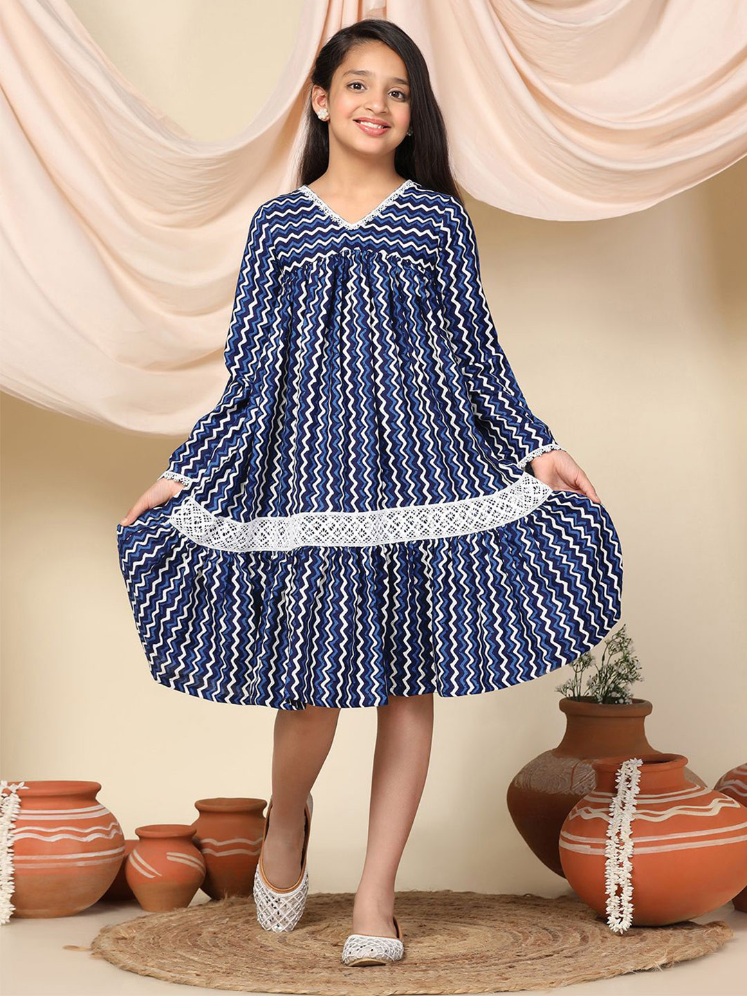BAESD Girls Chevron Printed Lace Insert Fit & Flare Dress