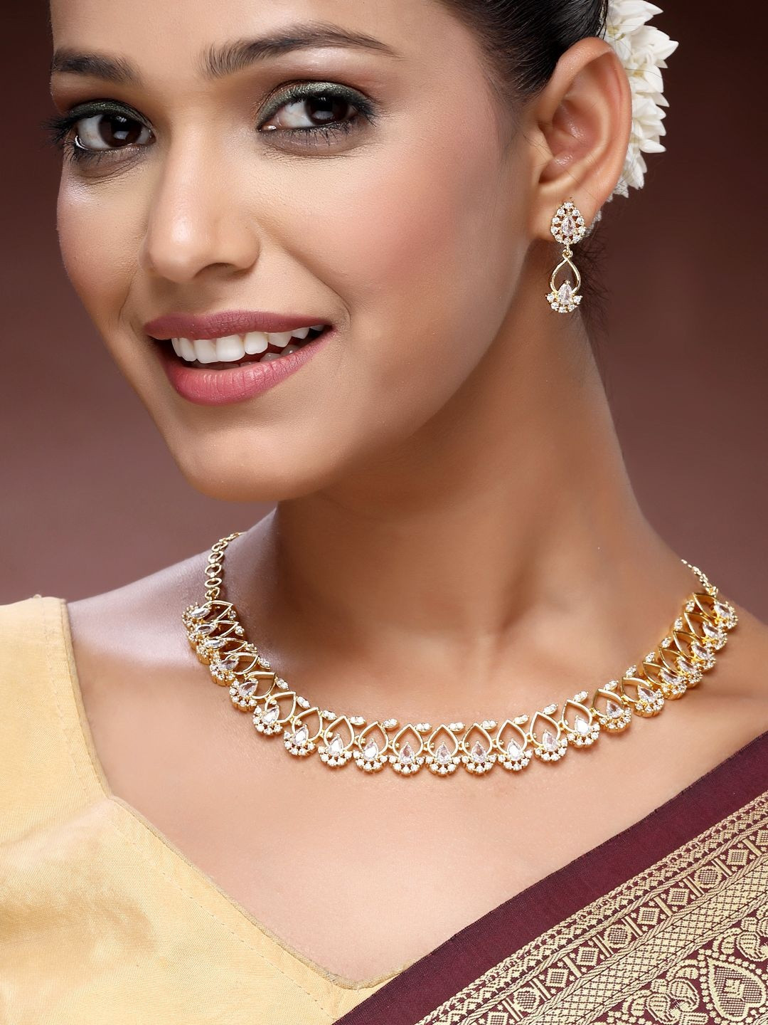 ADIVA 22K Gold Plated American Diamond Studded Jewellery Set