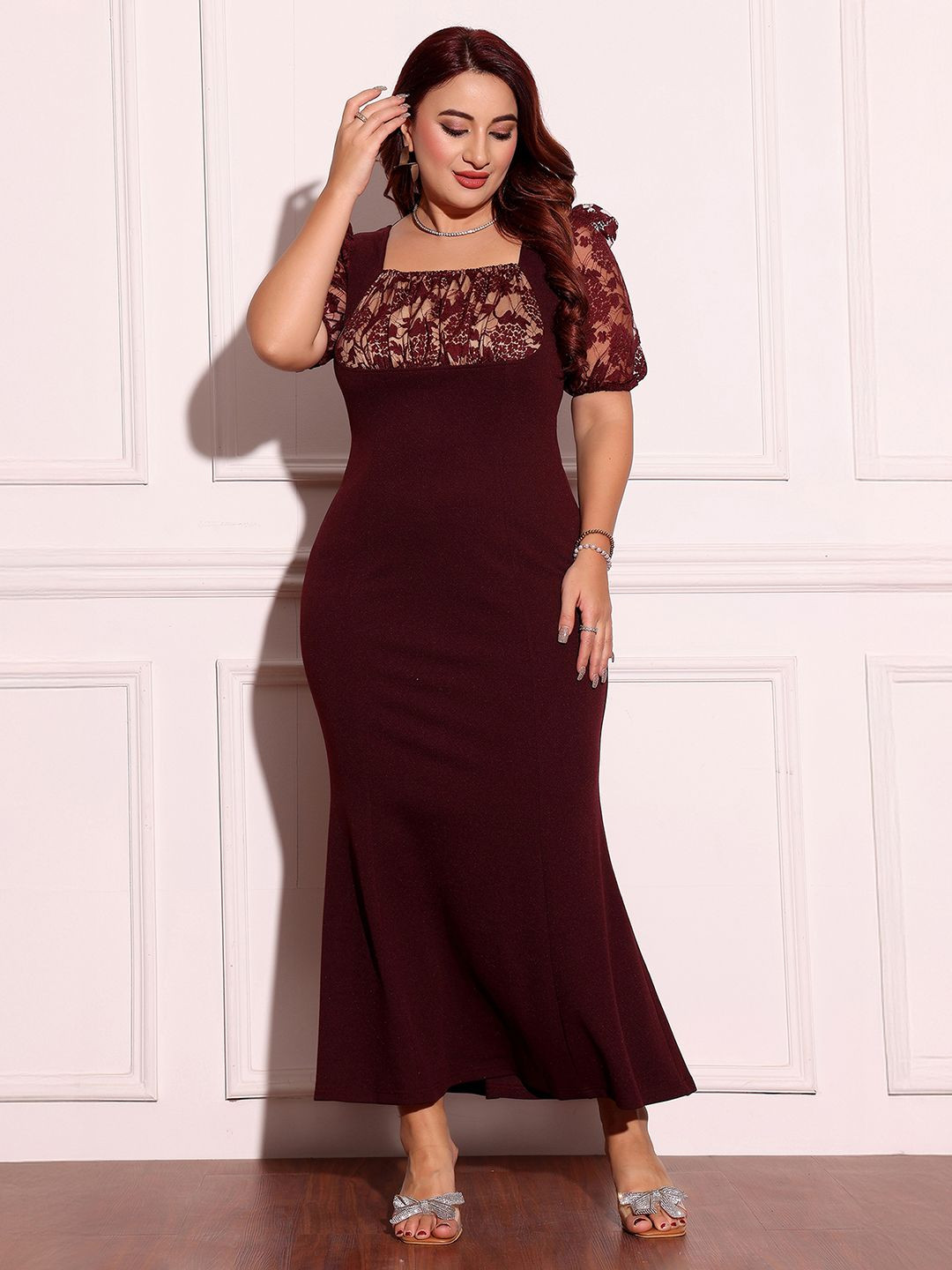 Miss Chase A+ Floral Self-Design Lace Insert Detail Puff Sleeves Bodycon Maxi Dress