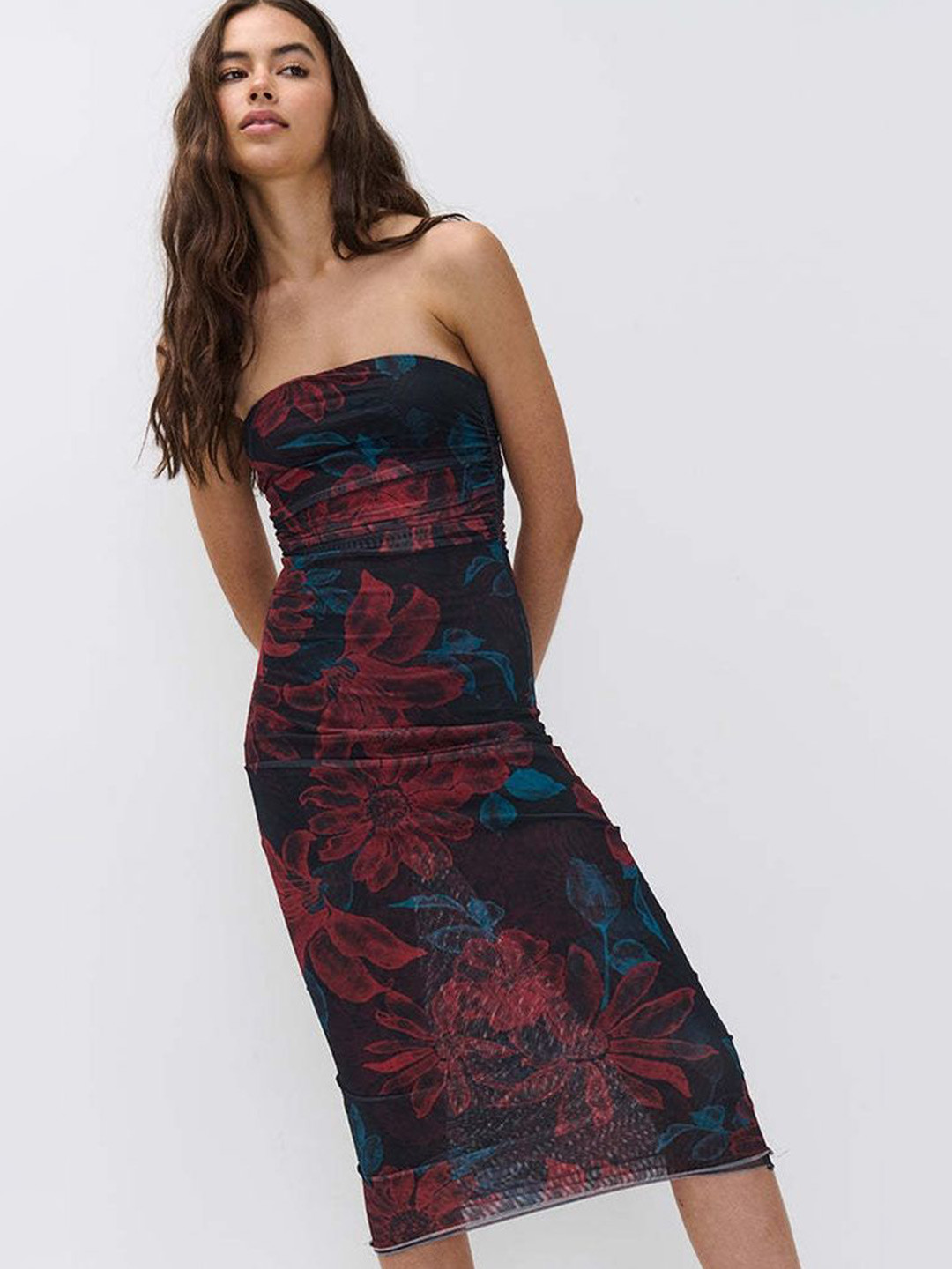 LULU & SKY Claret Women Floral Printed Strapless Bandeau Midi Dress