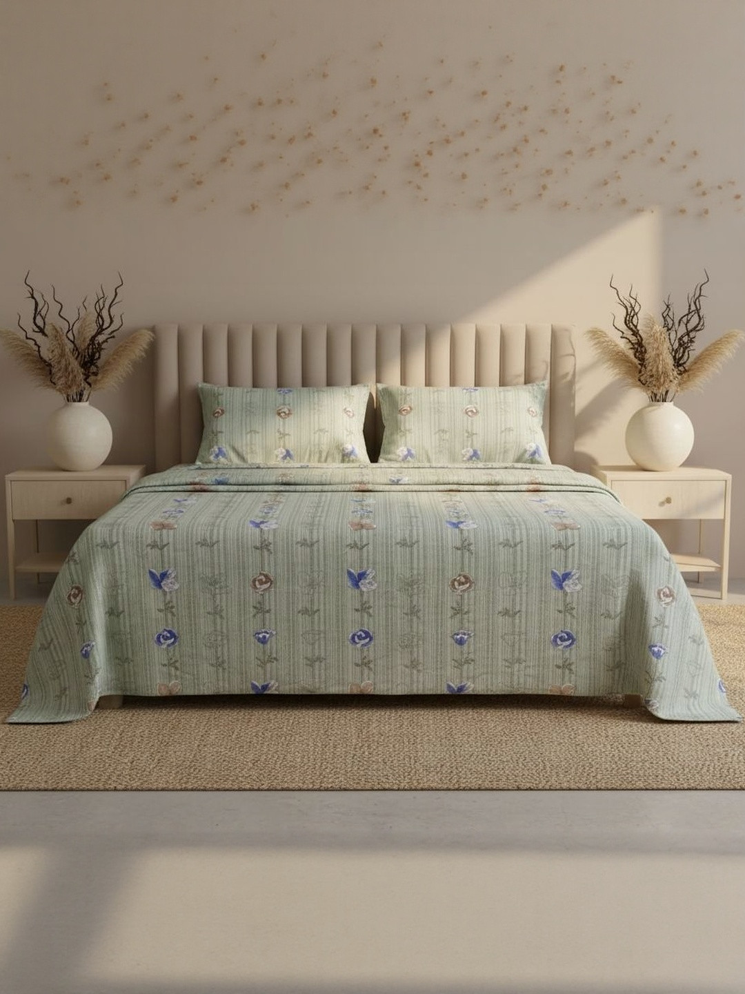 Signature Cream-Coloured Floral Printed 120 TC King Bedsheet with 2 Pillow Covers