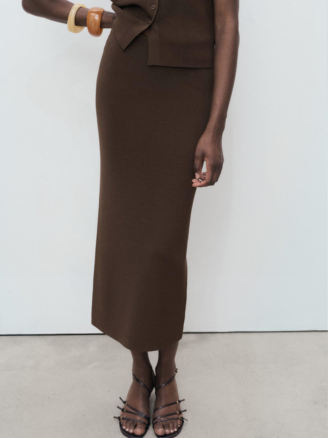 MANGO Mid-Rise Slip-On Fine Knit Midi Pencil Skirt