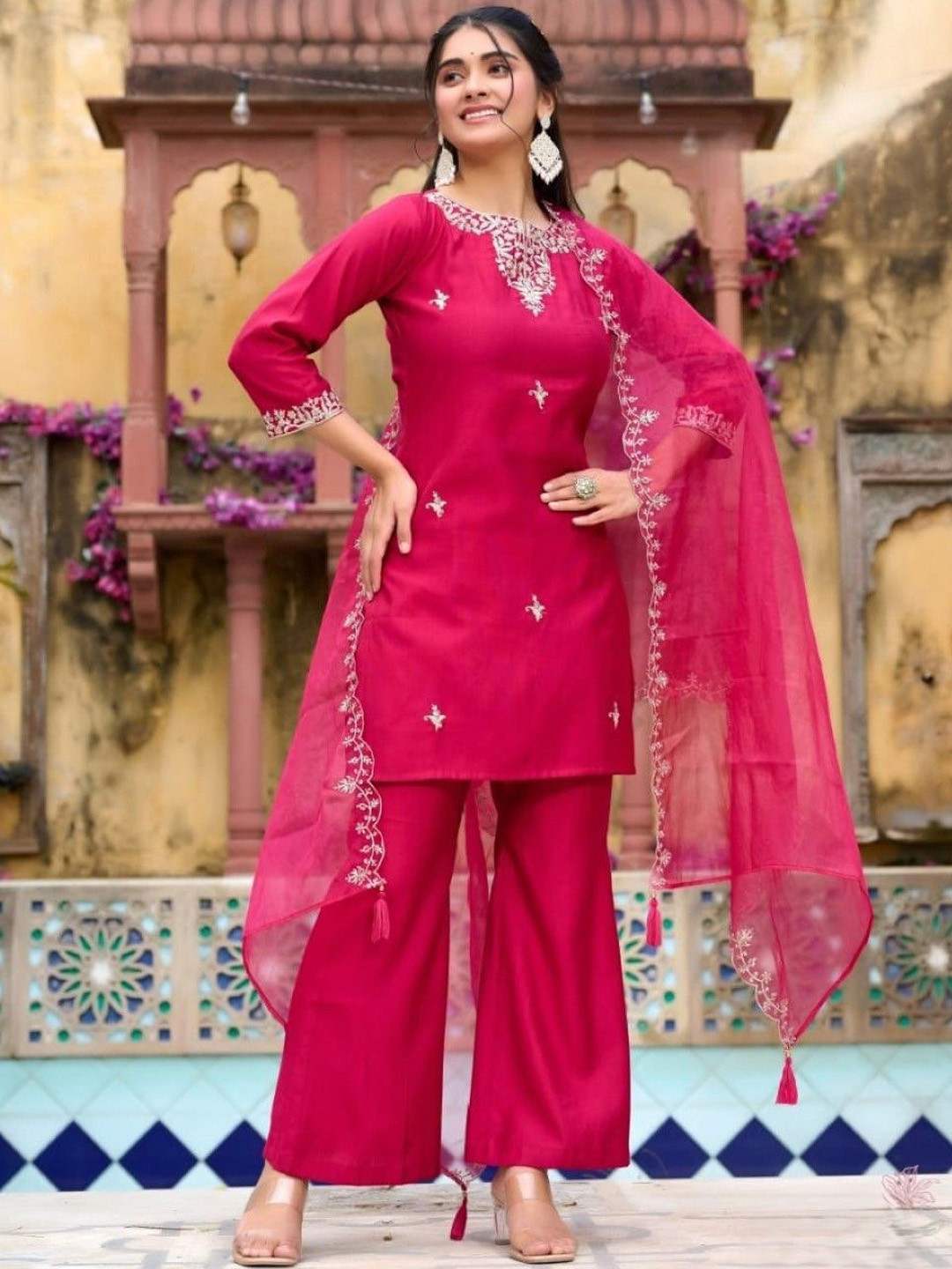 AUTUMN LANE Women Embroidered Anshu Carmine Full Work Suit Set with Palazzos & Dupatta