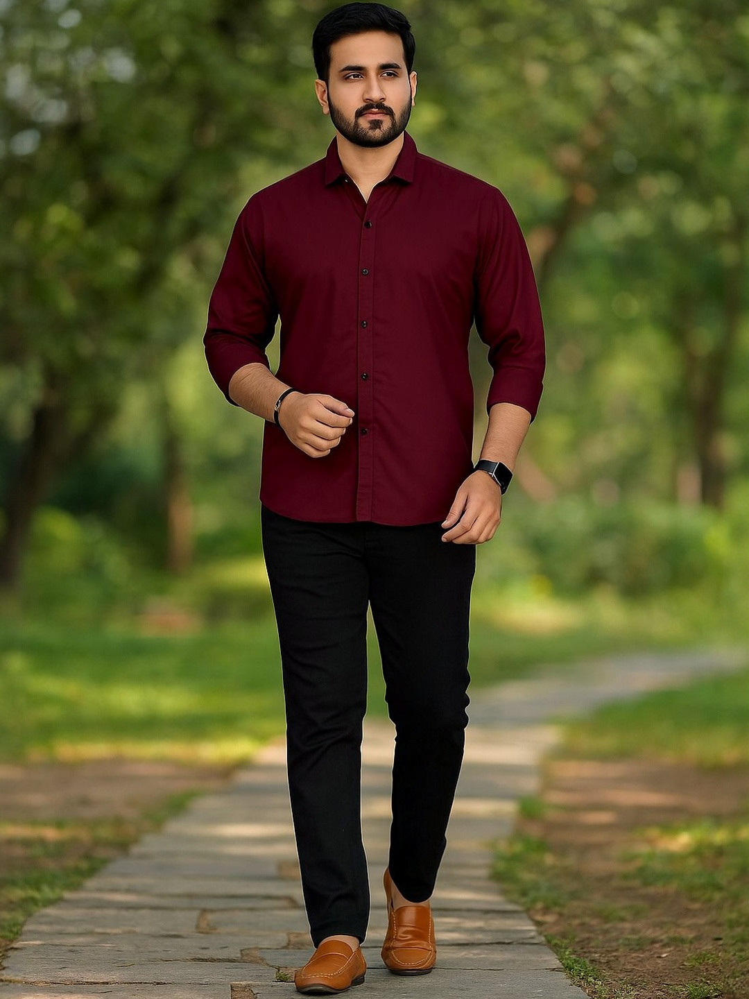 Moda Rapido Men Maroon Cotton Blend Regular Fit Normal Collar Causal Full Sleeve Shirt