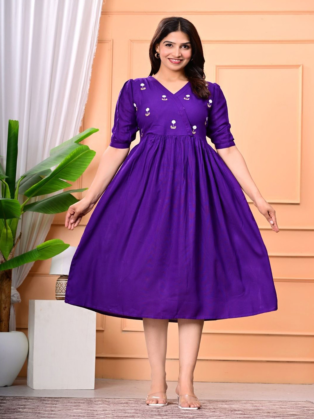 GREAT SELLER Women Floral Embroidered Puff Sleeve Fit & Flare Midi Dress