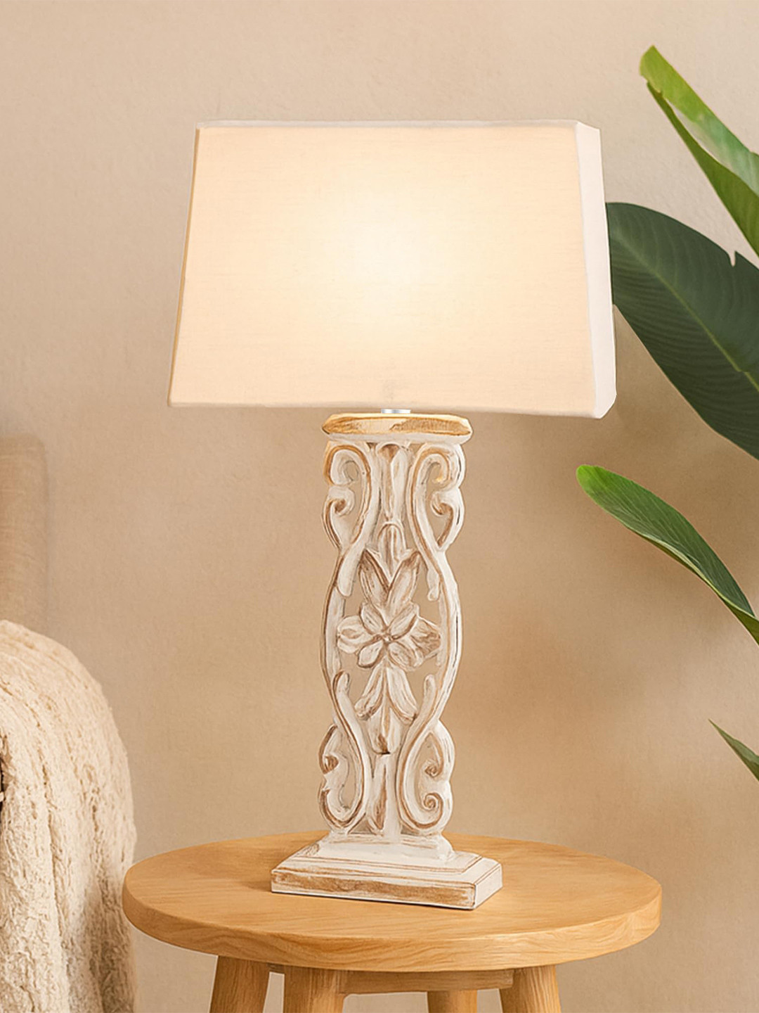 Homesake Beige-Color Hand Carved Wooden Table Lamp with Khadi Square Shade