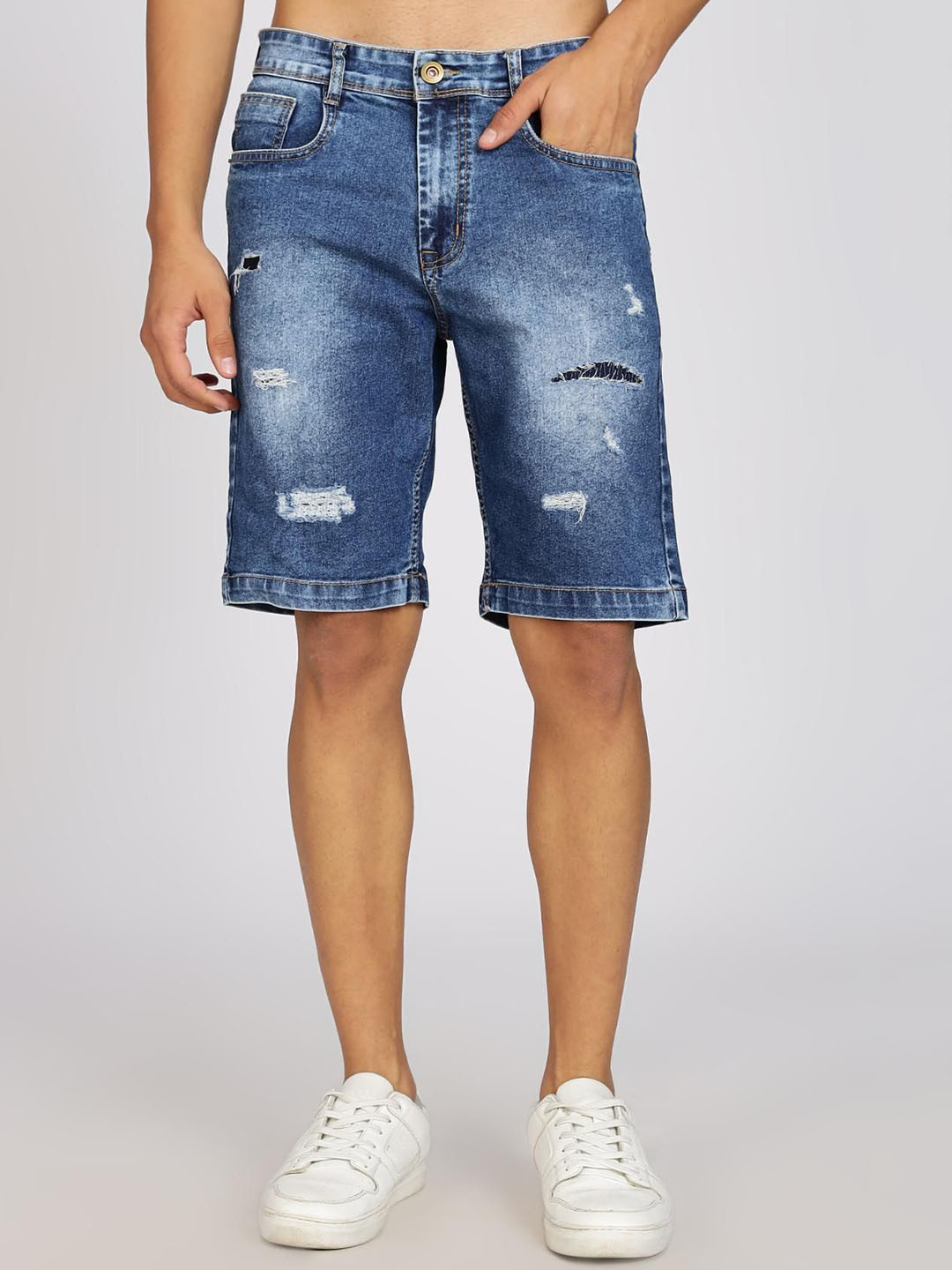 COLOR HUNT Men Washed Distressed Regular Fit Mid-Rise Denim Shorts