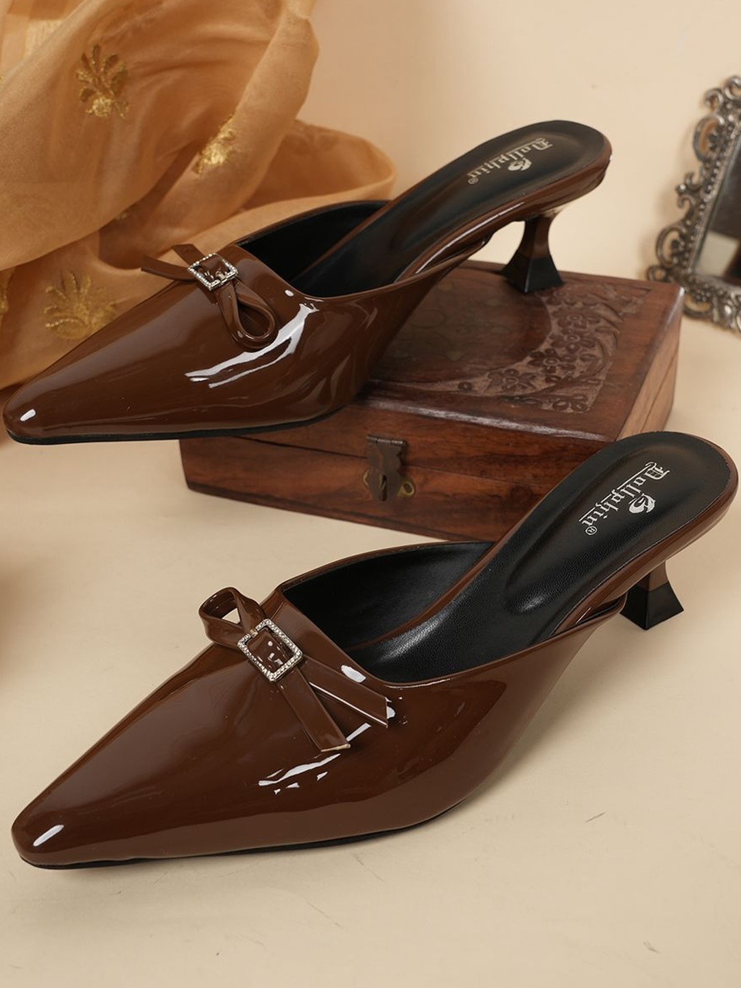 Dollphin Women Brown Pointed Toe Kitten Heels Mules