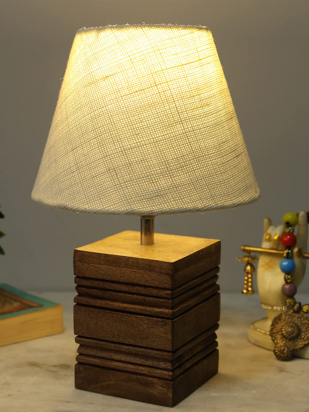 Homesake White & Brown Jute Lampshade With Wooden Base Table Lamp