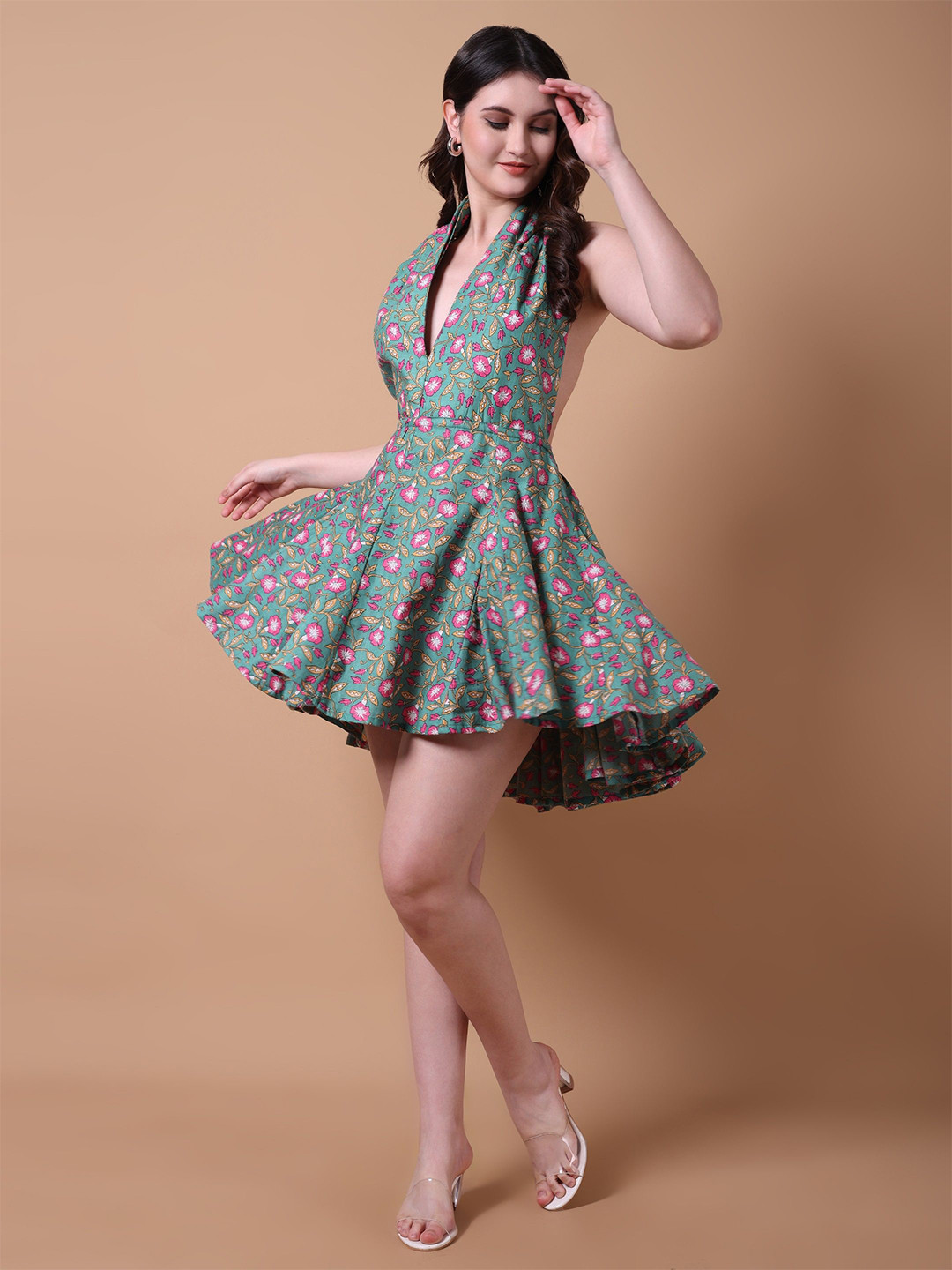 Pashet Women Floral Printed Halter Neck Fit & Flare Mini Dress