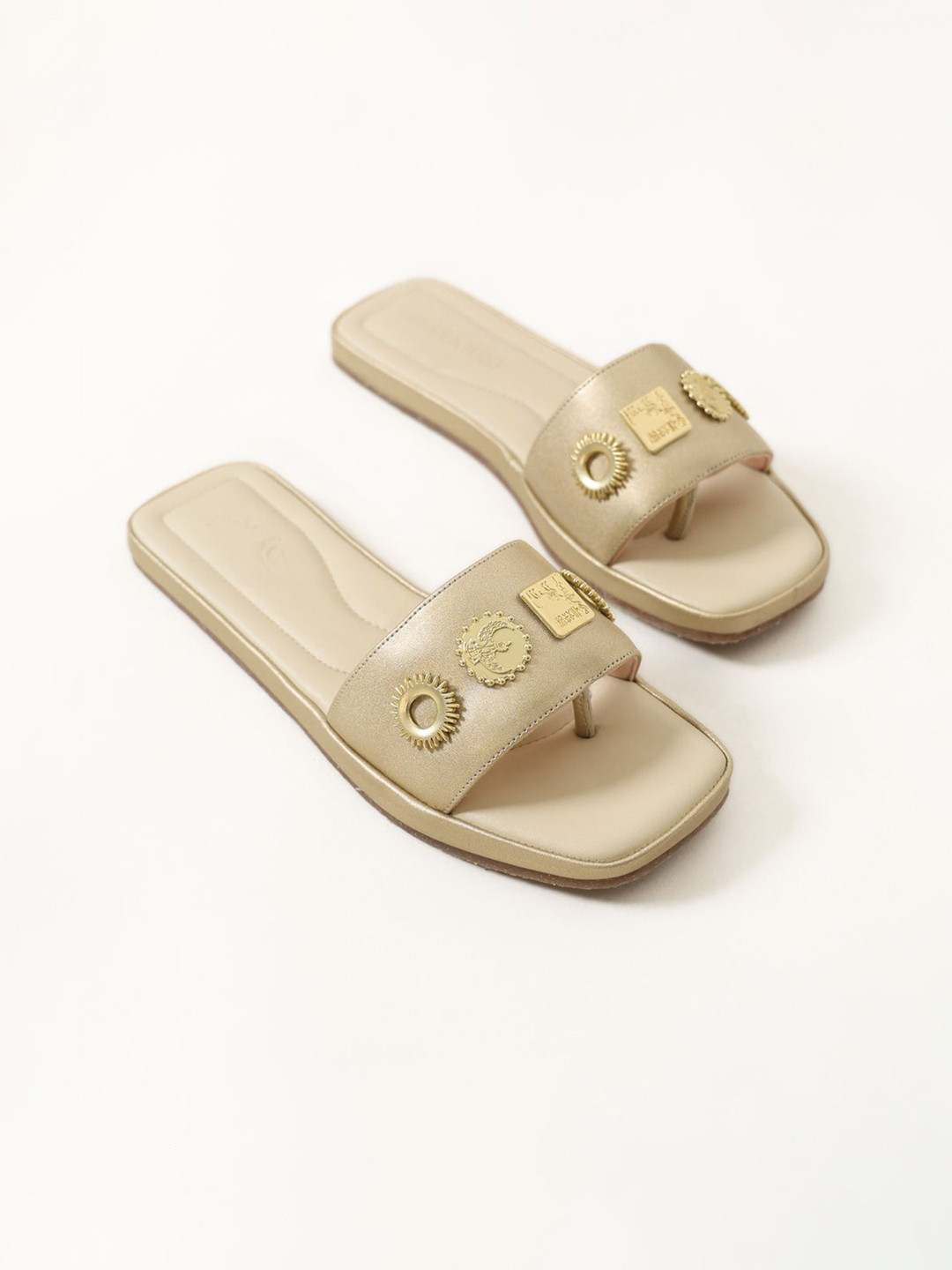 BIRDHOUSE Women Birdhouse Mudra Slides Light Gold Luxe Subtle Shine Open Toe Flats