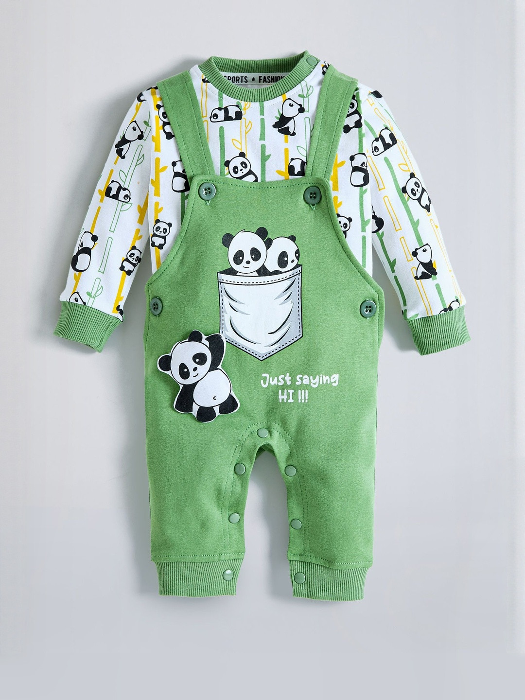 Hopscotch Boys Green Printed Panda Applique Dungaree Set