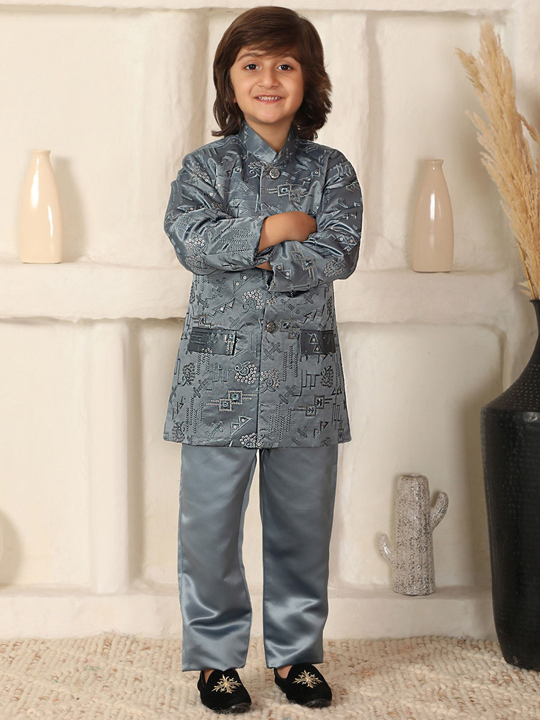 Pro-Ethic STYLE DEVELOPER Boys Self Design Blazer and Trousers Jodhpuri Suits