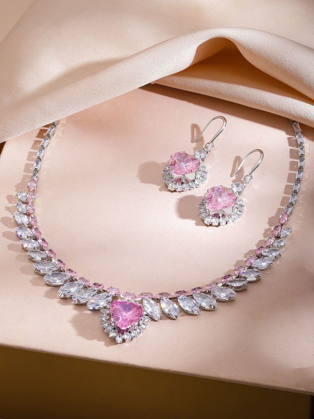 Rubans Rhodium-Plated Crystal Pink & Cubic Zirconia Studded Heart Design Necklace Set