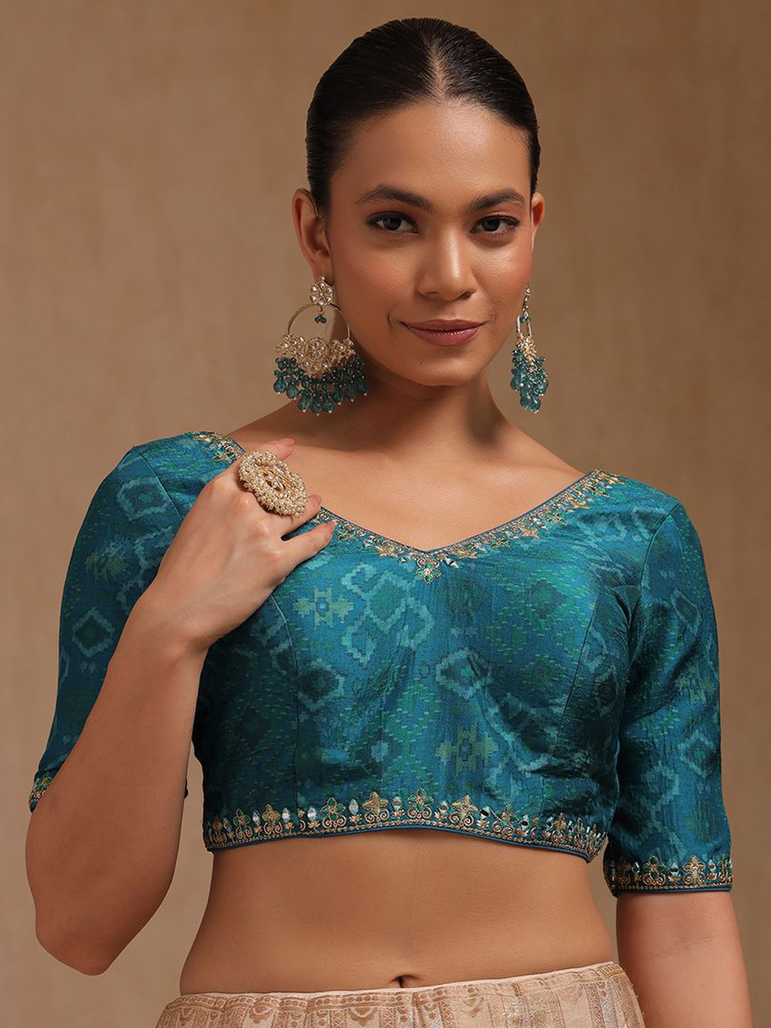 Soch Ethnic Motifs Printed Mirror Work V-Neck Padded Saree Blouse