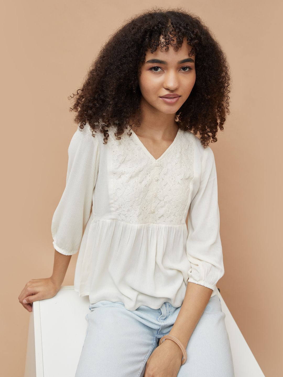 Fame Forever by Lifestyle Women Solid Top with Lace Inserts