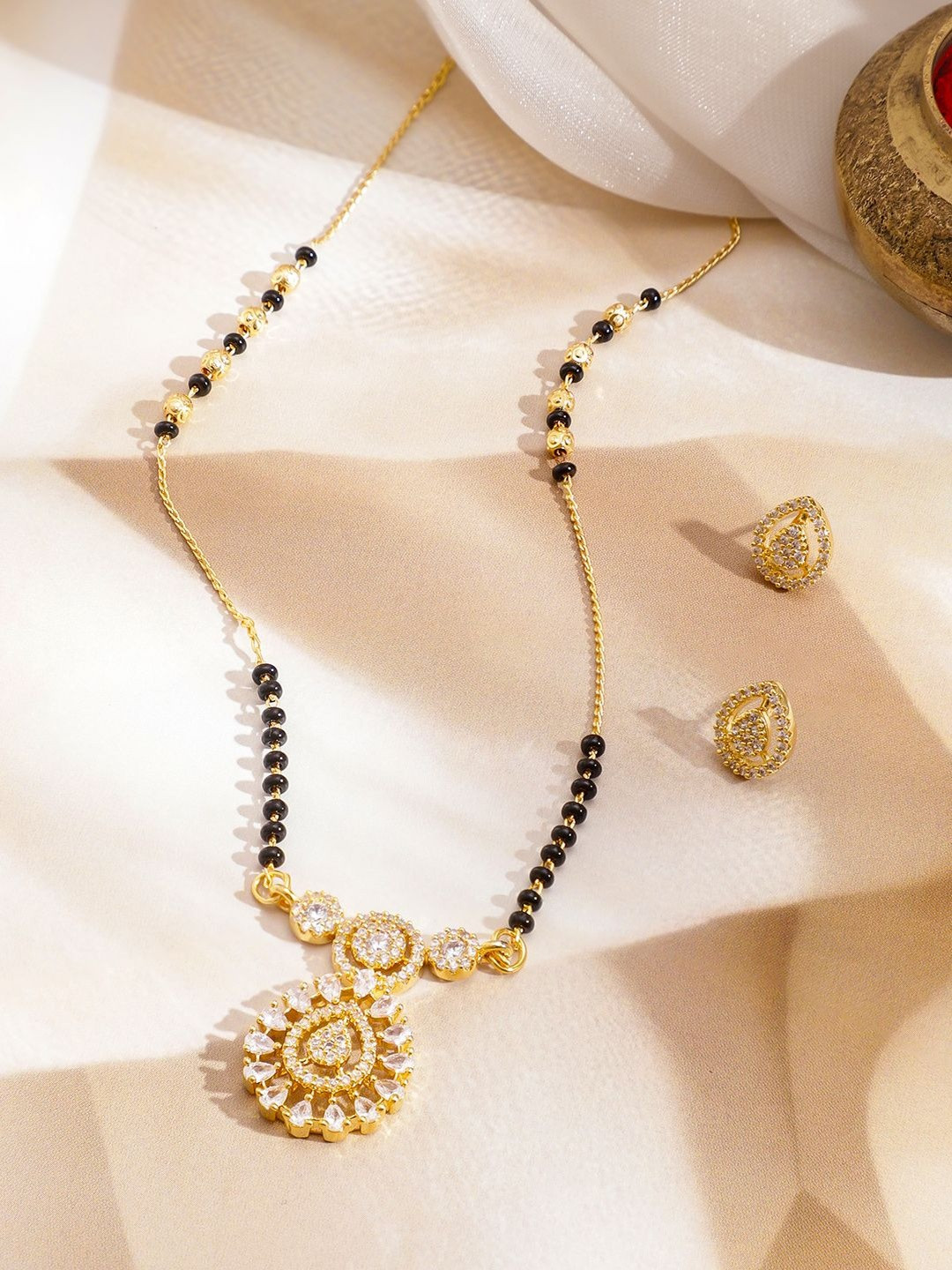 Rubans 22K Gold-Plated Black Beaded Mangalsutra Set with Cubic Zirconia Pendant & Earrings