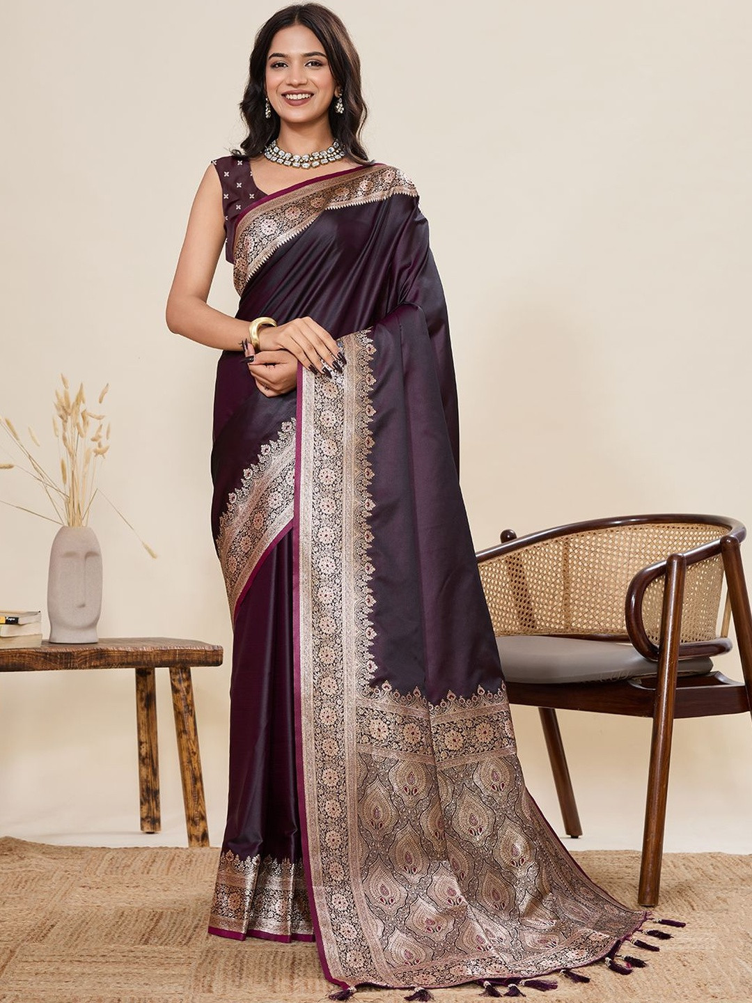 VS MALL Ethnic Motifs Woven Design Zari Satin Paithani Saree With Blouse Piece