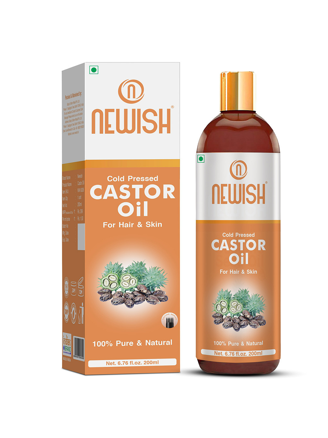 Newish Cold Pressed Pure Arandi Castor Oil for Hair, Skin & Eyebrows - 200ml