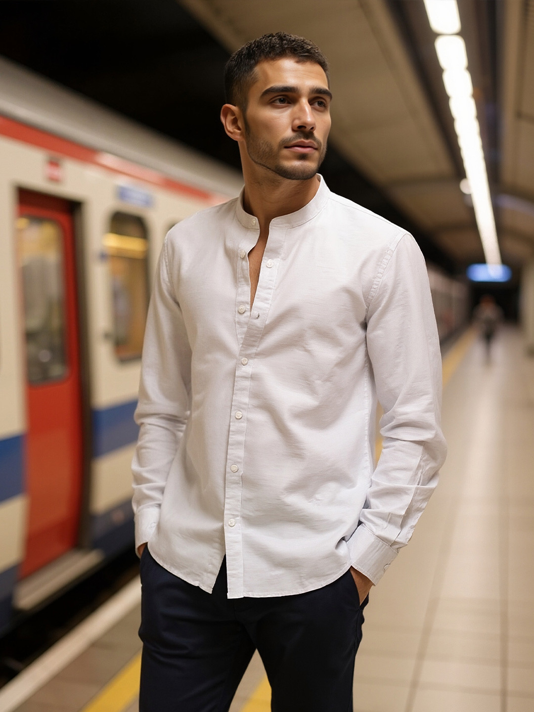 COVE AND LANE Classic Fit Mandarin Collar Cotton Linen Casual Shirt