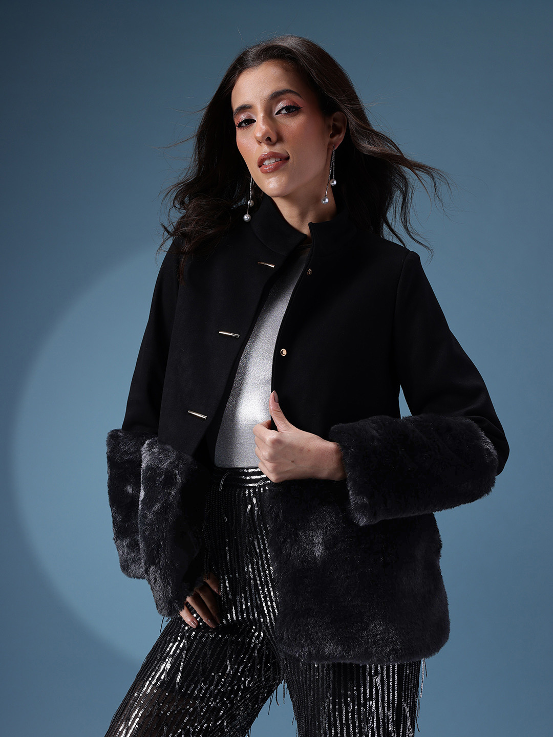 bebe Faux Fur Hem Tailored Jacket