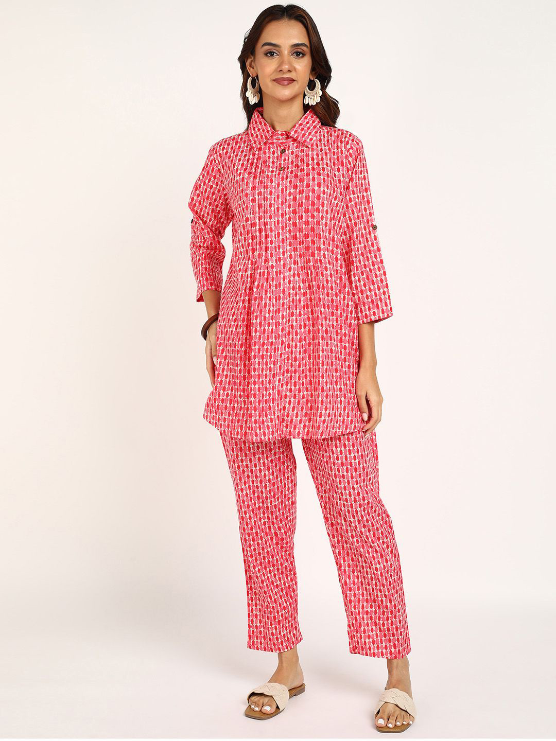 BLOCKS OF INDIA Printed Pure Cotton Shirt Collar Tunic With Trousers