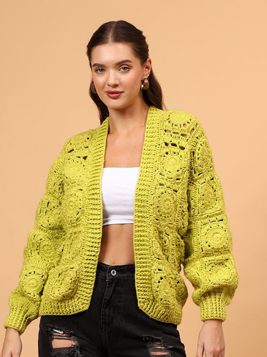 Velvery Women Self Design Crochet Front-Open Sweater