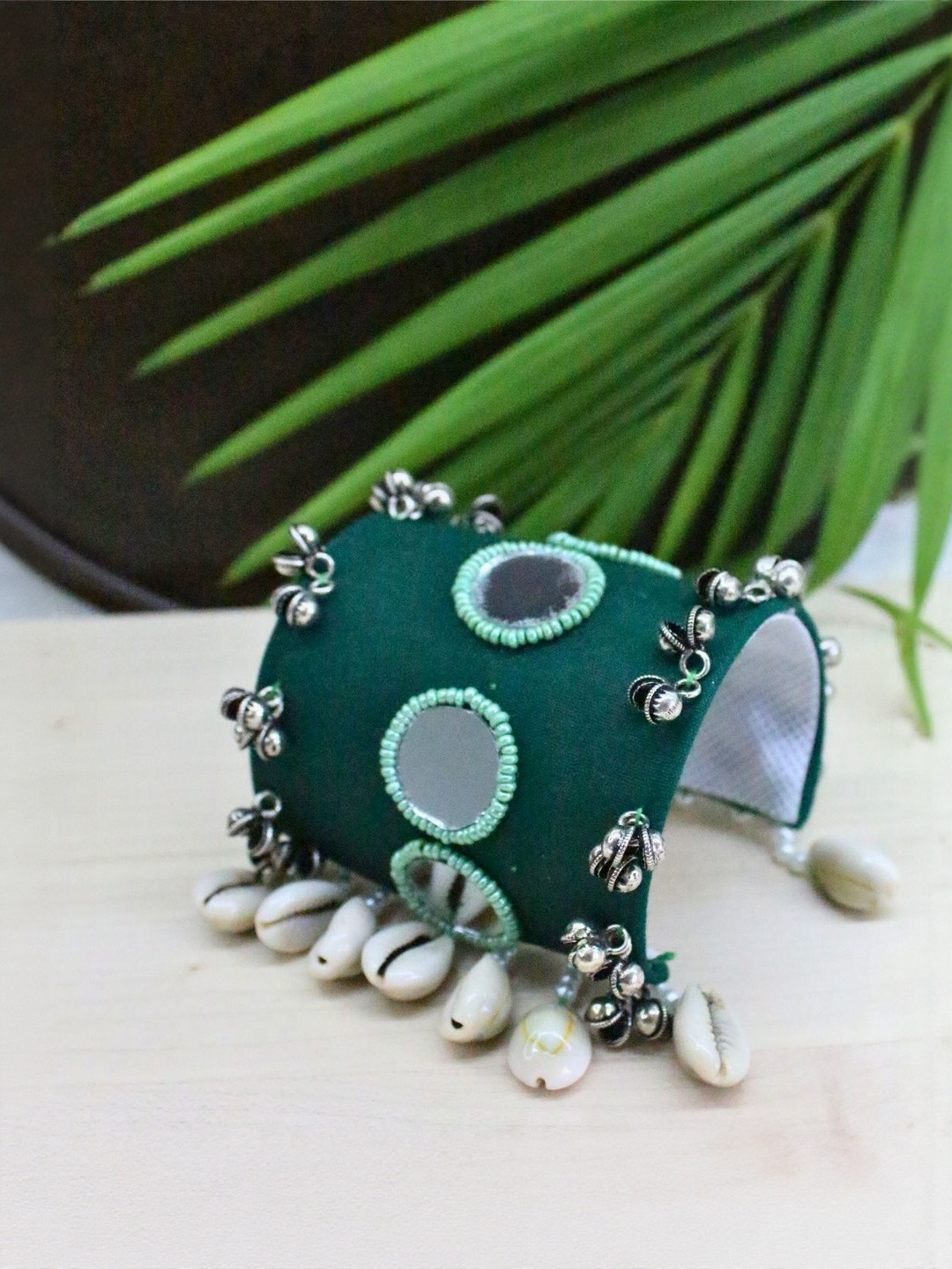 MCREATION4U Women Green Handcrafted Fabric Cowrie Shells & Ghungroo Mirrors Cuff Bracelet