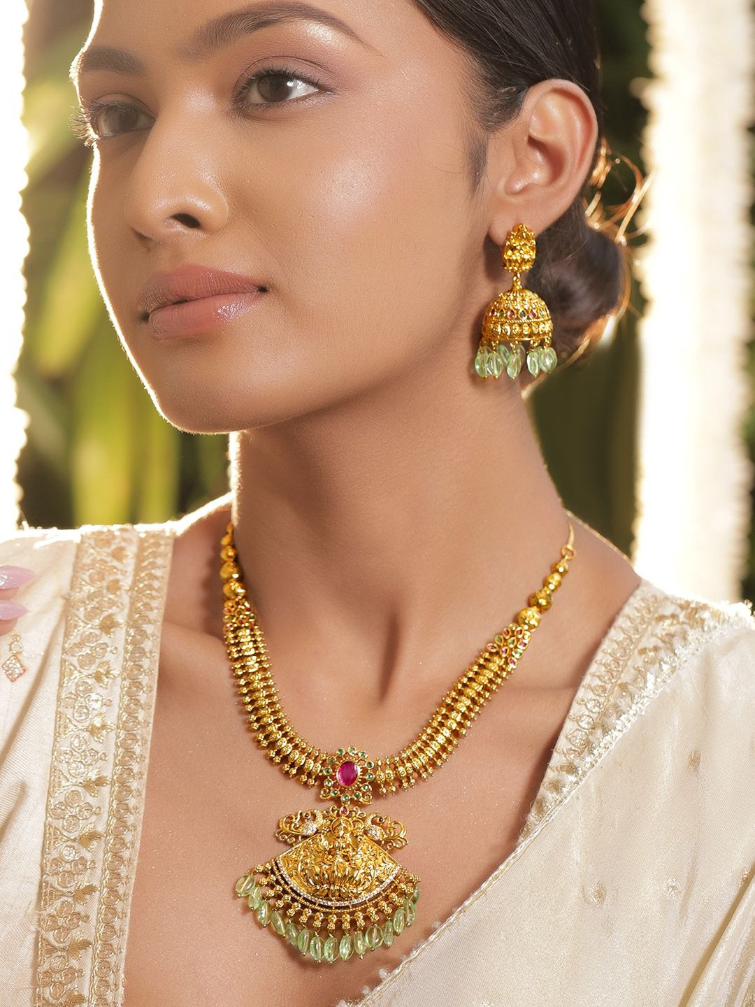 Rubans 22K Gold-Plated Lakshmi Temple Jewellery Set with Ruby Red Stone & Green Bead Drops