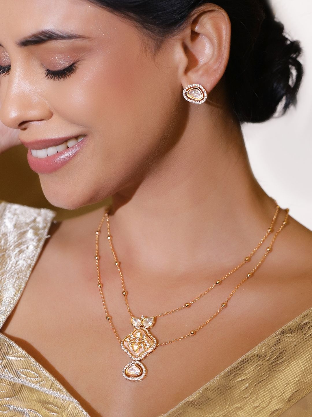 Rubans 22K Gold-Plated White Kundan & Cubic Zirconia Dual-Layer Pendant Necklace Set