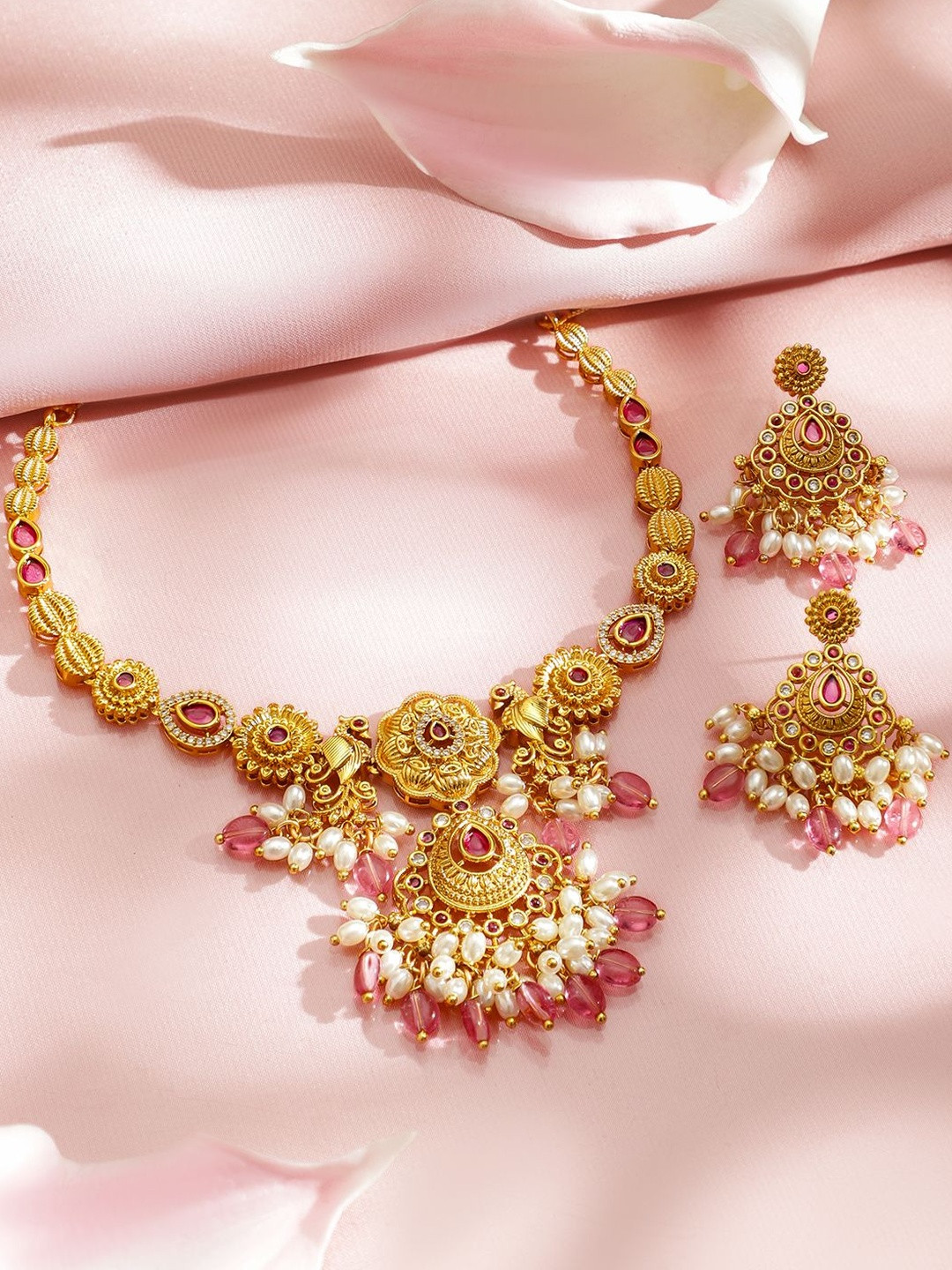 Rubans 22K Gold-Plated Handcrafted Ruby Red Stone with CZ, Pink Pearl Beads Necklace Set