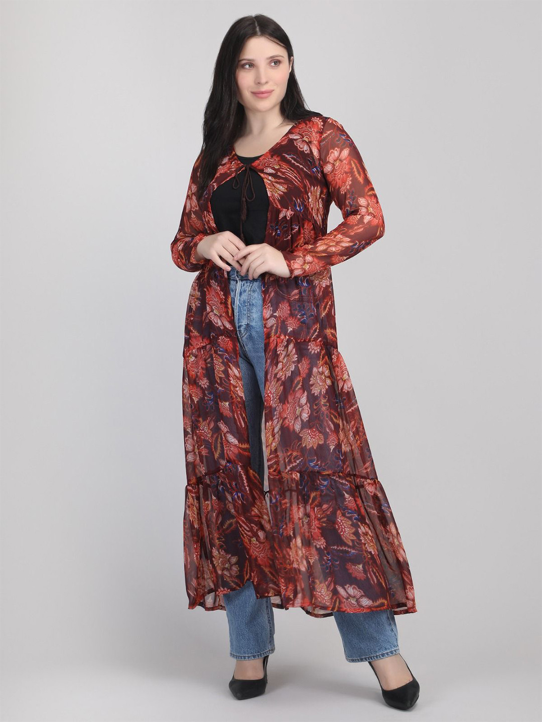 Lush&Loom Lifestyle Floral Printed Longline Tie-Up Shrug