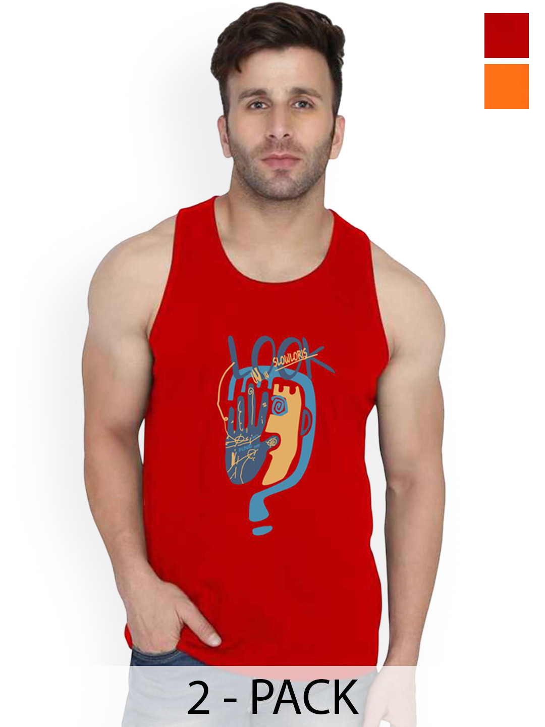 SLOWLORIS Men Pack Of 2 Printed Combed Cotton VestsVSL26 CMB(LOOK RED)(PLAIN ORANGE)