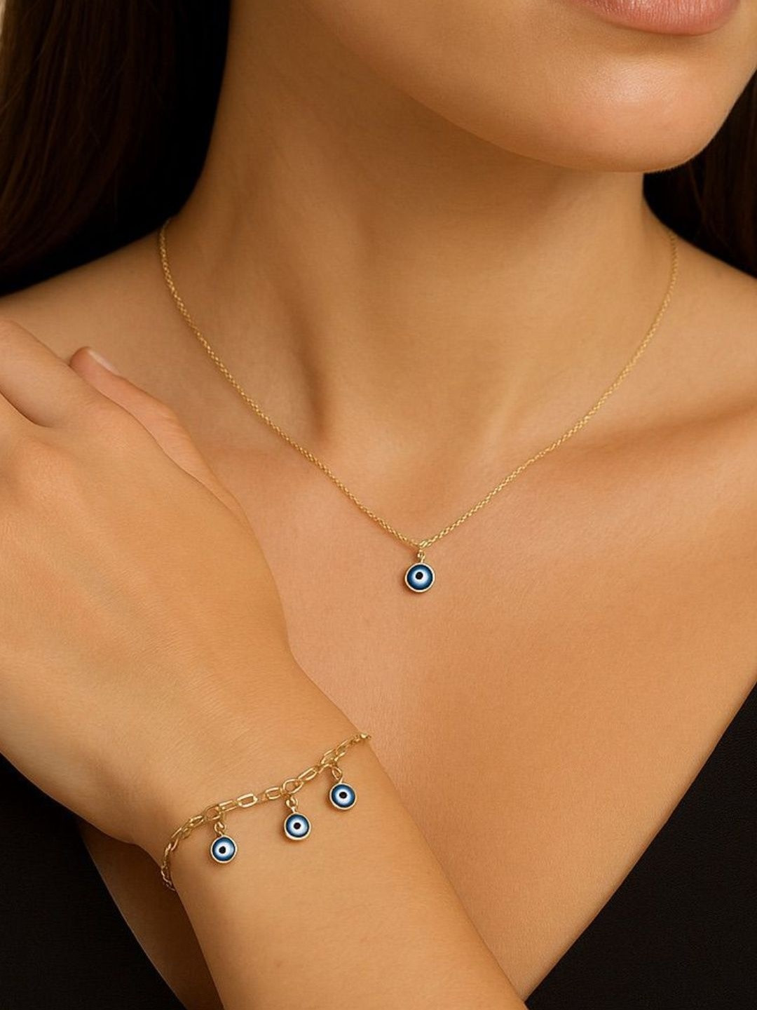 House of Pehr Women Gold Plated Evil Eye Chain & Bracelet Jewellery Set