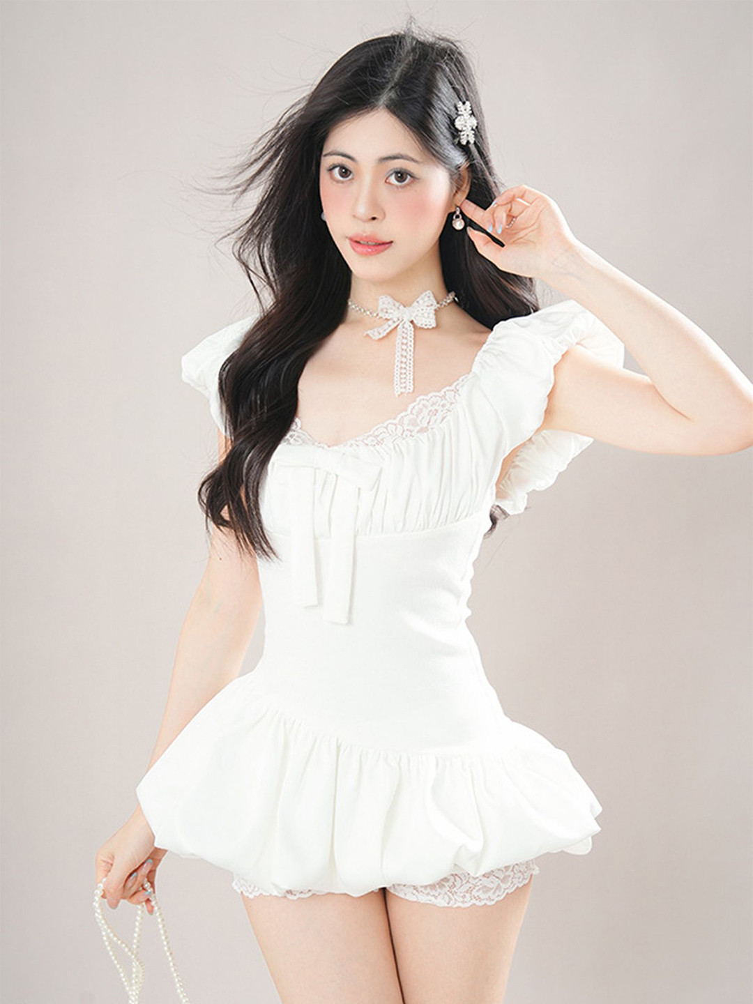 LULU & SKY Solid Puff Sleeve Lace Inserts Balloon Mini Dress