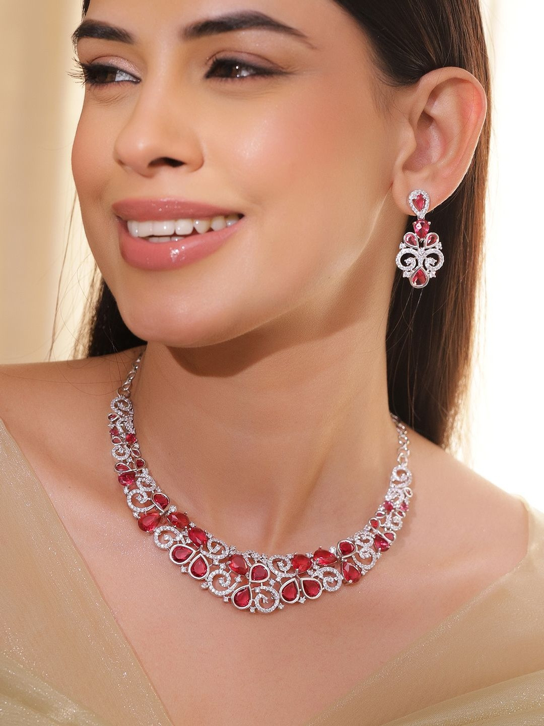 Rubans Rhodium-Plated Ruby Red Stone & Cubic Zirconia Floral Statement Necklace Set