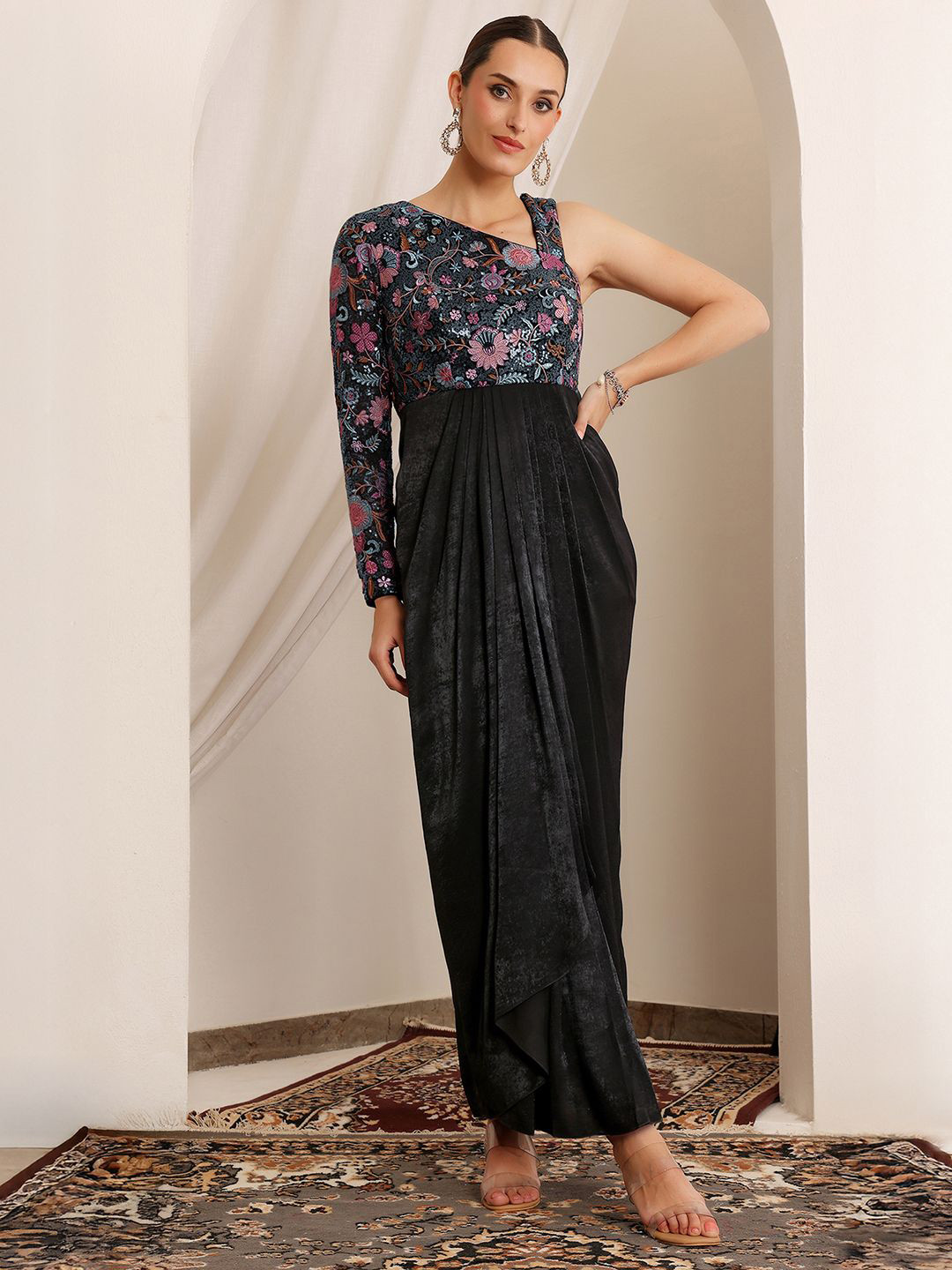 Miss Chase Women Luxe One-Shoulder Embroidery Satin Gown