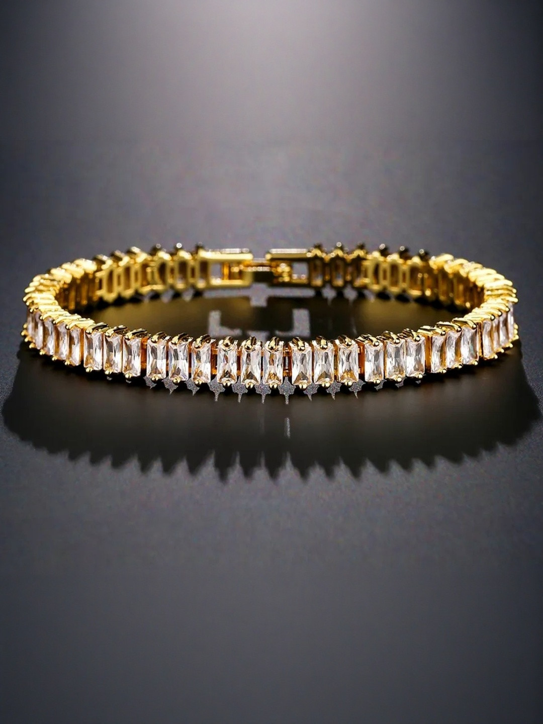 V FASHION JEWELLERY Women Gold-Plated Cubic Zirconia Rectangle Link Tennis Bracelet