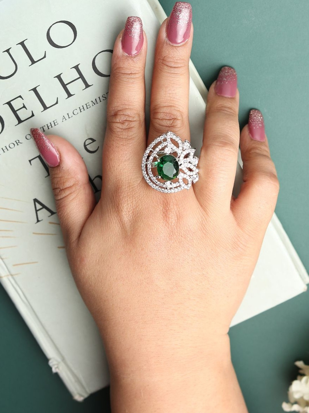 DIVASTRI Rhodium-Plated White and Green CZ Studded American Diamond Adjustable Ring