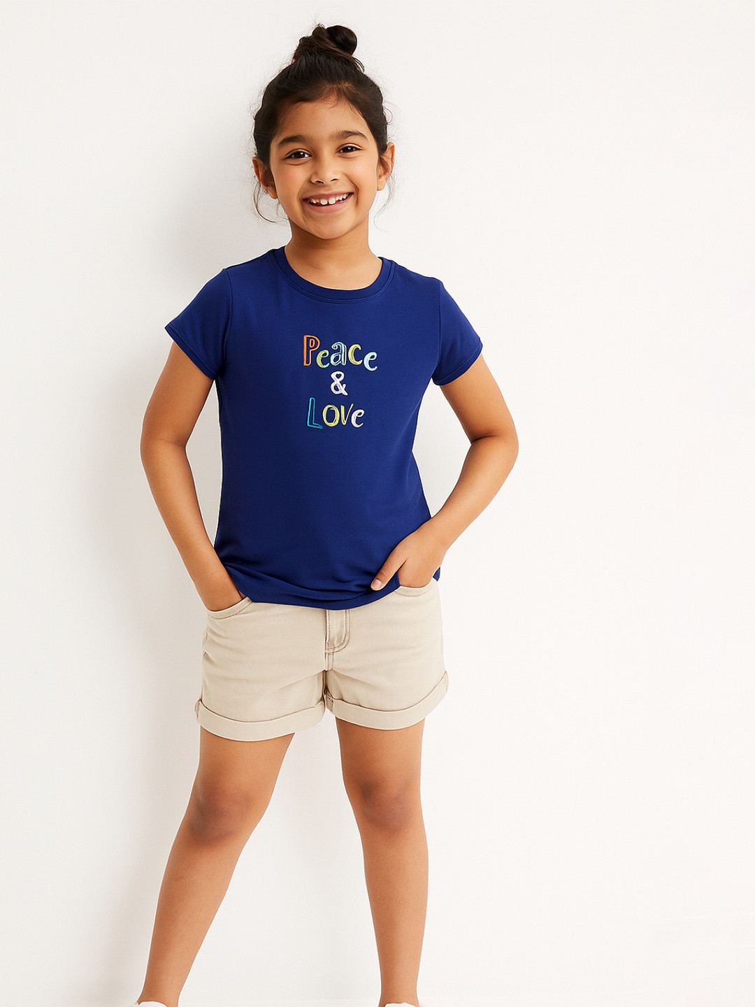 TALES & STORIES Girls Navy Blue Embroidery Typography Printed Embroidered Cotton T-shirt