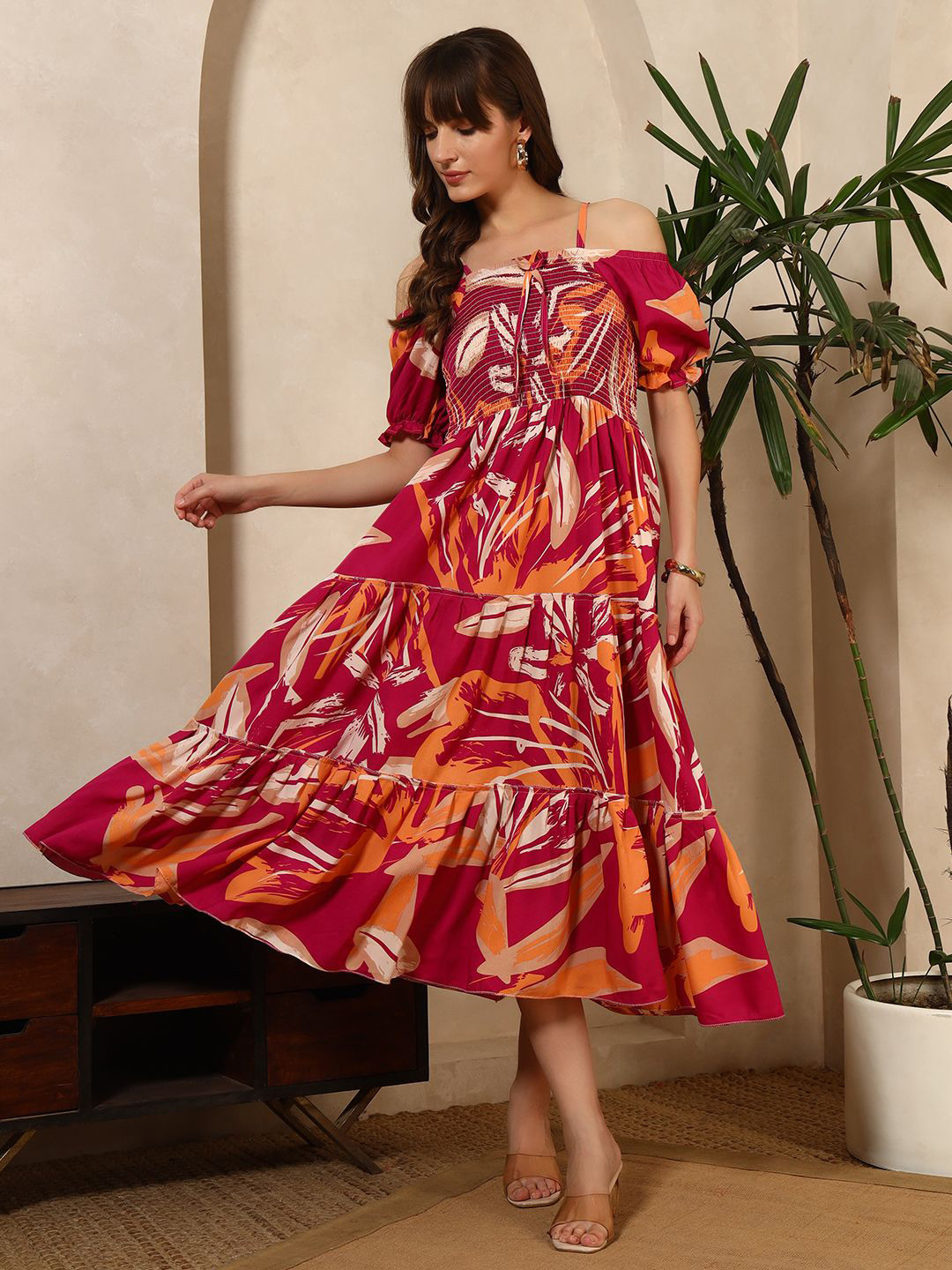 DEKLOOK Women Printed Cold-Shoulder Sleeves A-Line Midi Dress