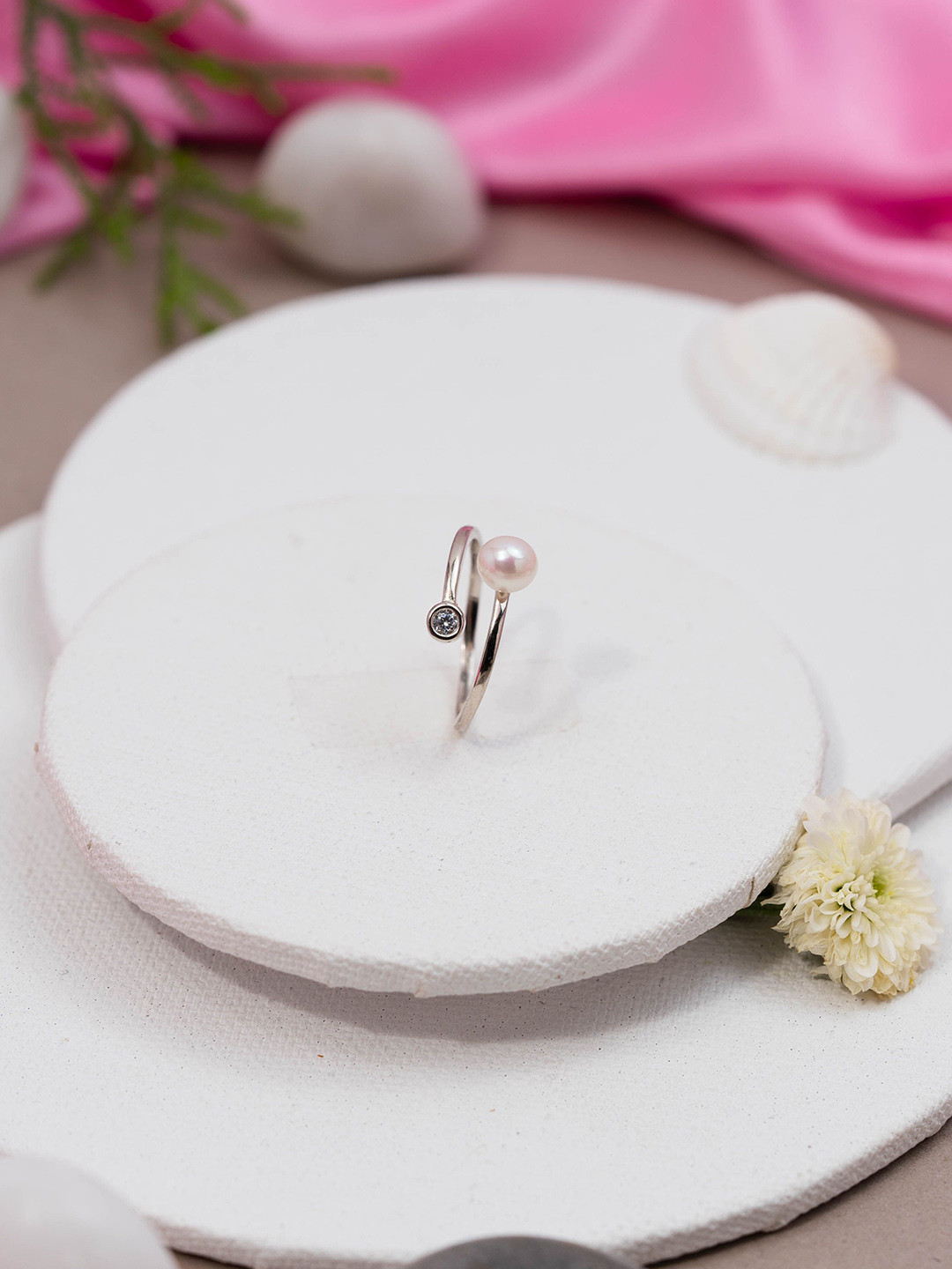 IYRAA Sterling Silver-Plated Zircon Studded & Pearls Beaded Statement Finger Ring